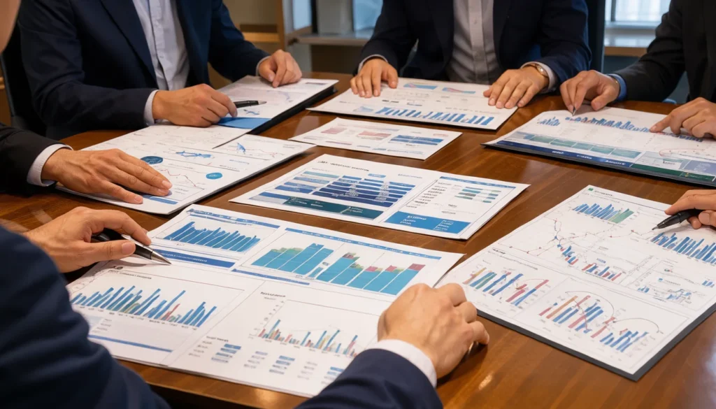 Photographie d'une réunion d'entreprise où des mains analysent des graphiques financiers sur une table en bois.