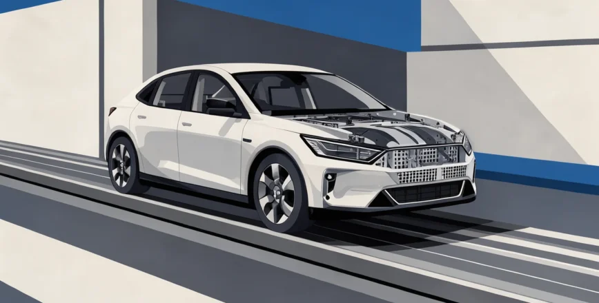 Illustration vectorielle stylisée d'un châssis de voiture électrique sur une chaîne de montage minimaliste.