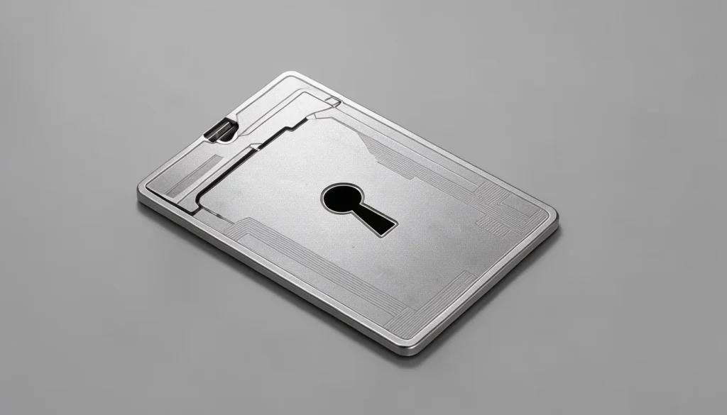 Photographie macro d'un badge d'accès numérique angulaire sur un fond gris neutre, symbolisant la sécurité des accès.