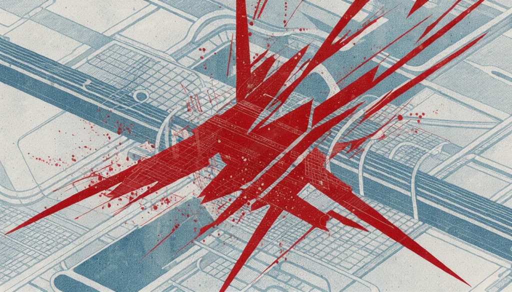 Illustration de style sérigraphie montrant des trajectoires de données perturbées par des fragments numériques rouges tranchants.