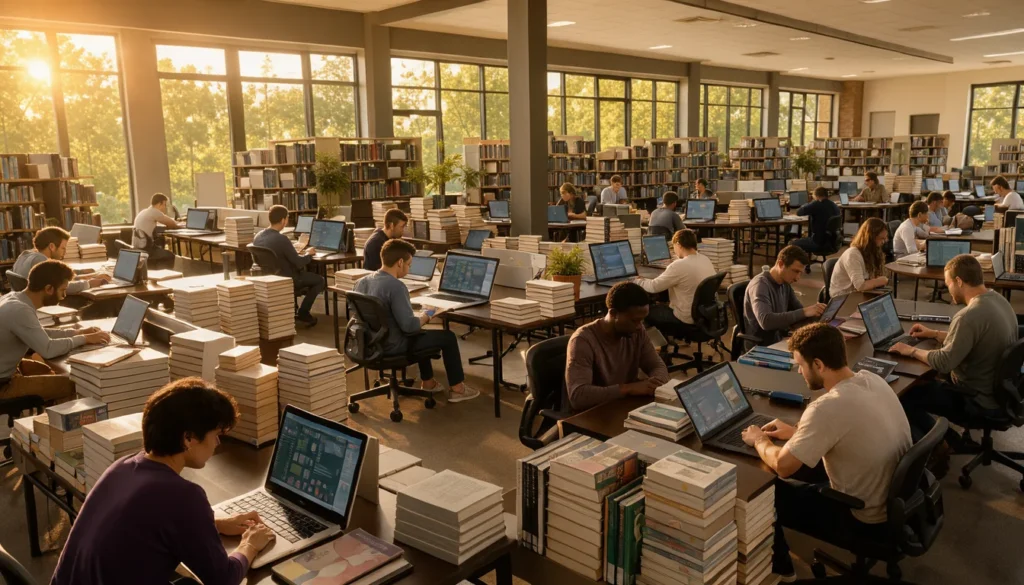 Vue large d'un espace de travail collaboratif lumineux, évoquant une bibliothèque universitaire moderne baignée par la lumière de l'heure dorée.