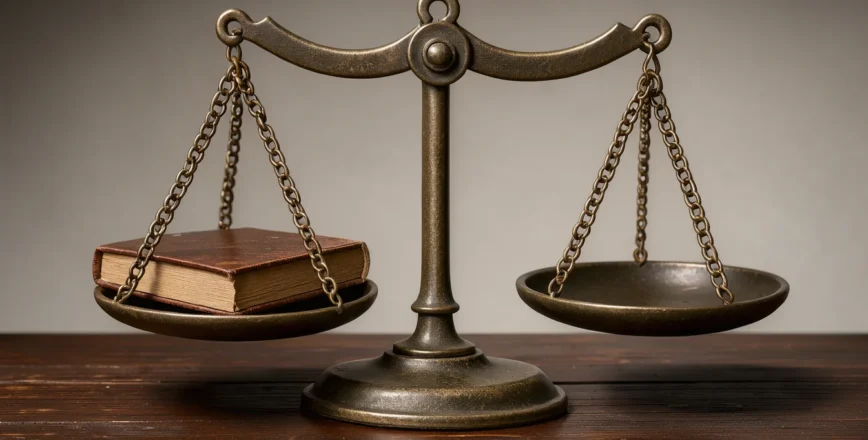 Gros plan macro sur une balance en bronze antique reposant sur une surface en bois foncé, symbolisant l'équilibre entre le savoir et le droit.