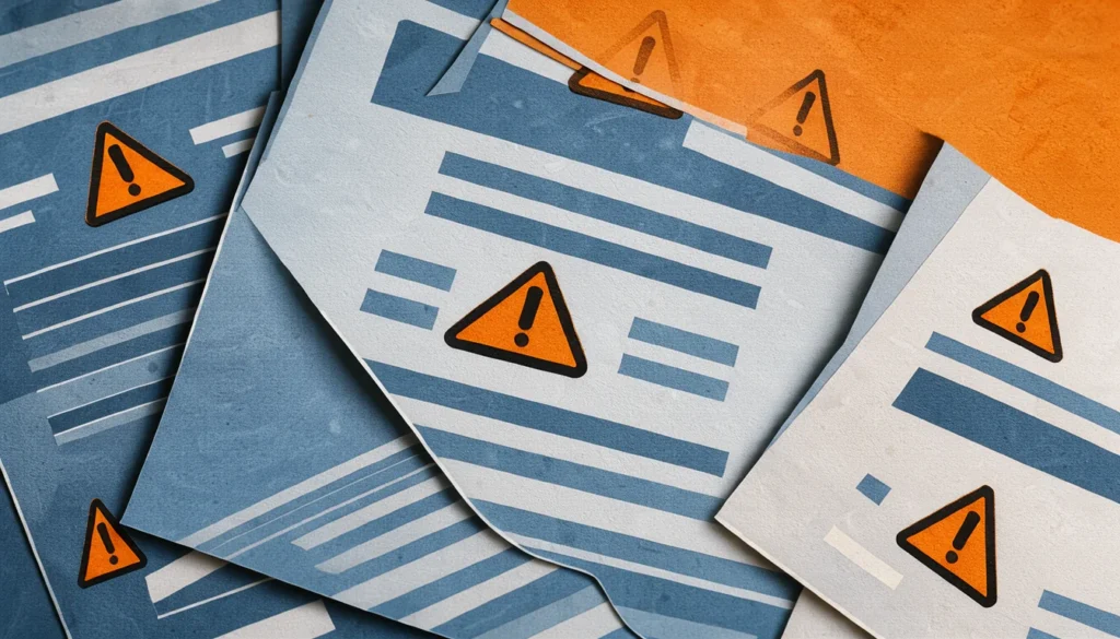 Collage éditorial en papier découpé montrant des documents superposés avec des symboles d'avertissement.