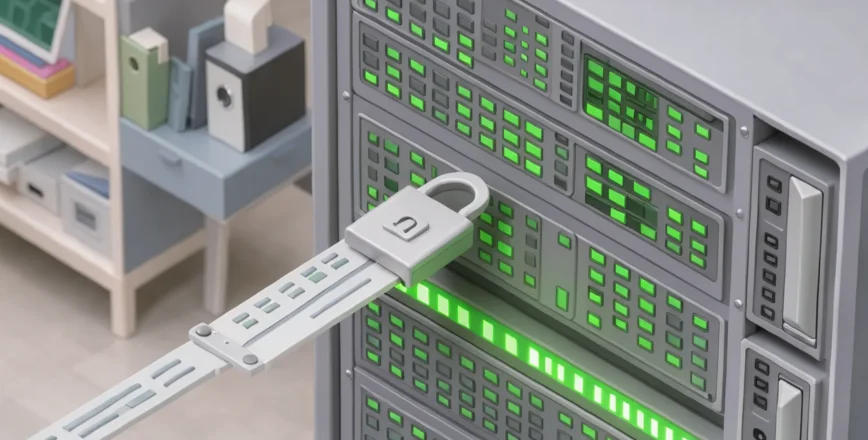 Illustration isométrique 3D montrant un rack de serveur stylisé avec un cadenas numérique appliqué à un flux de données.